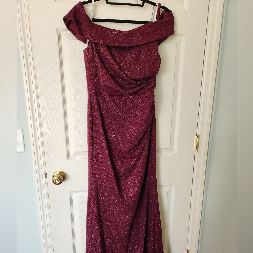 Oleg Cassini Sparkling Burgundy Matte-Drape Maxi Gown
